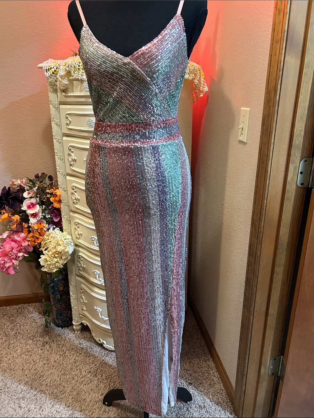 VENUS Pink and Silver Sequin Striped Maxi Dress NWOT